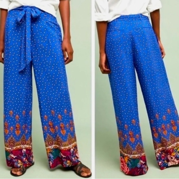 Anthropologie Pants - Anthropologie Blue Wide Leg Jumpsuit with Tie Waist 0P
